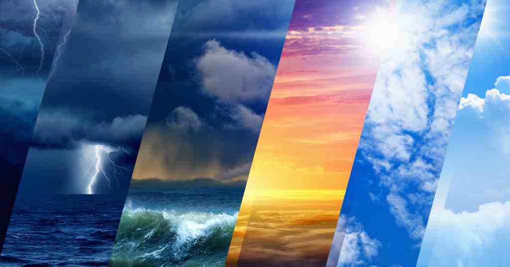 Six different types of weather. From left to right, Stormy skies, lightening, waves, sunset,, sunhine and puffy cloulds.